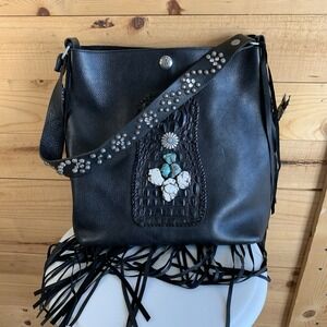 Two Bar West Large Leather Purse‎ Tote Fringes *Flaws* Stones Studded Western